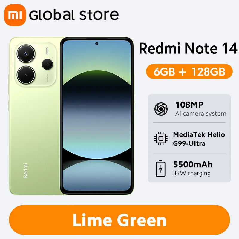 New Global Version Xiaomi Redmi Note 14 Smartphone 128GB / 256GB ROM MediaTek Helio G99-Ultra 33W120Hz AMOLED 108MP 5500mAh