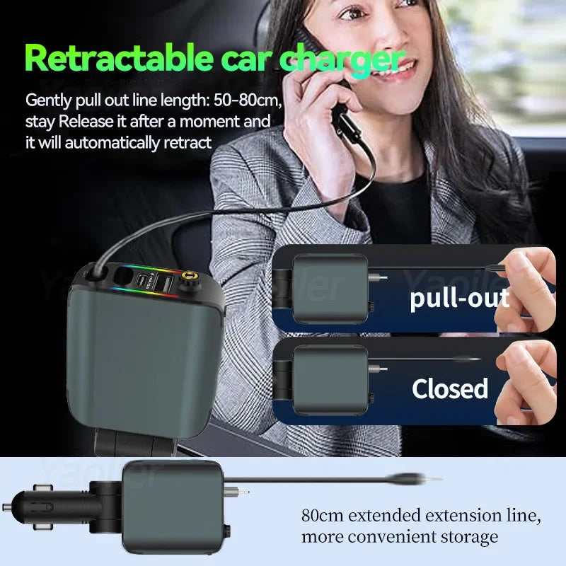 Upgraded 120W Retractable USB C Car Charger,New Starry Sky 4 in 1 Starlight Projection in Car Fast Charging Car Charger Adapter