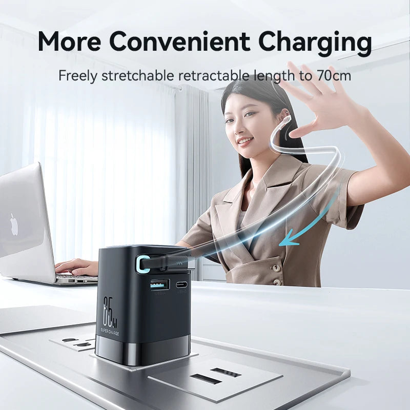 Joyroom PD 3.0 65W GaN Charger with Retractable USB C Cable Desktop Charger EU Plug Fast Charging For iPhone 16 15 Tablet Laptop