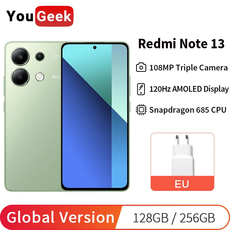 Global Version Xiaomi Redmi Note 13 4G Cellphone 128GB/256GB 120Hz AMOLED 108MP Main Camera 33W Fast Charging Snapdragon 685