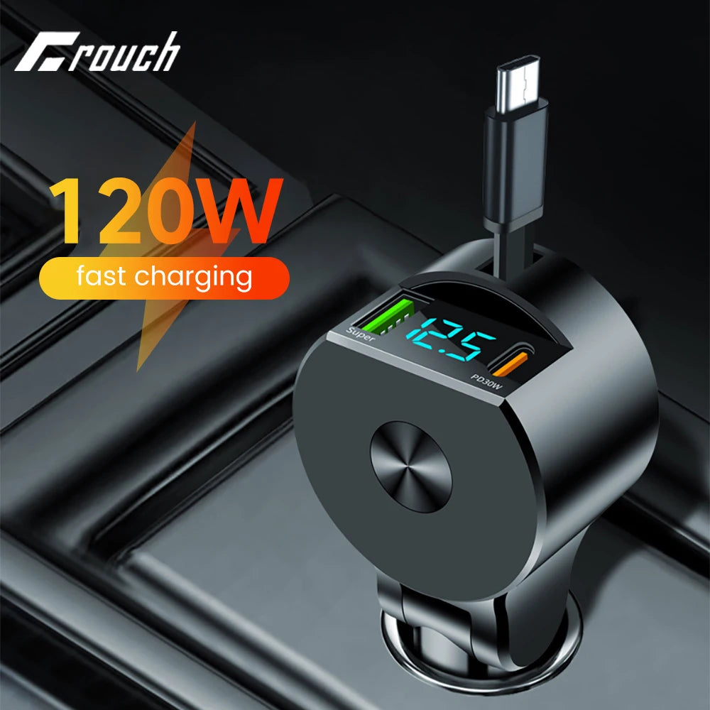 120W Fast Charging Car Charger QC3.0 PD30W USB C Car Phone Charger With Type C Cable For iphone 15 14 13 Xiaomi Huawei Samsung