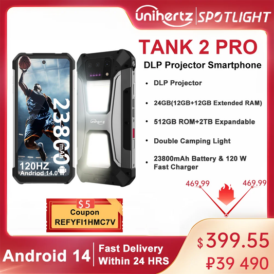 Unihertz Tank 2 PRO 8849 Rugged Phone with Projector 2.4K 23800 mAh 24GB+512GB Android 14 100MP NFC 120W G99 Octa Core Dual SIM