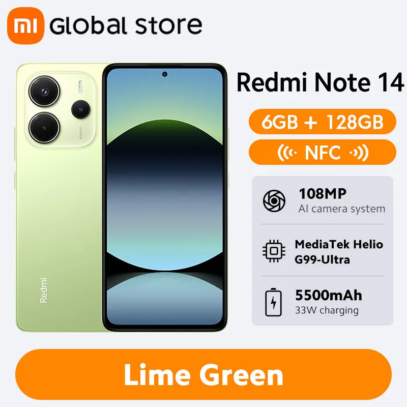 New Global Version Xiaomi Redmi Note 14 Smartphone 128GB / 256GB ROM MediaTek Helio G99-Ultra 33W120Hz AMOLED 108MP 5500mAh