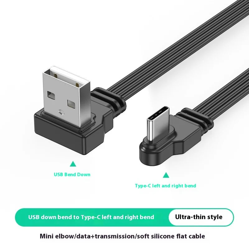 USB to TypeC data cable with left and right bend wires 2.0 transmission, 2A power supply, TypeC flat silicone cable