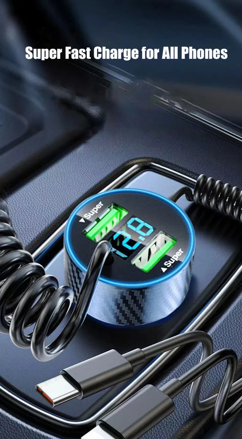 USB Car Phone Charger Adapter with Retractable Cable LED Voltage Monitor 4 in 1 Super Fast Charge for iPhone Samsung Huawei