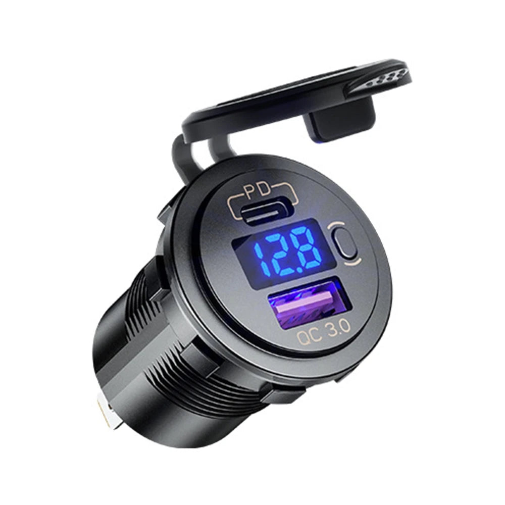 60W PD Type C/QC 3.0 USB Charger with button Switch LED Voltmeter Power Outlet Fast Charging for 12V 24V Car Truck Motorcycle RV