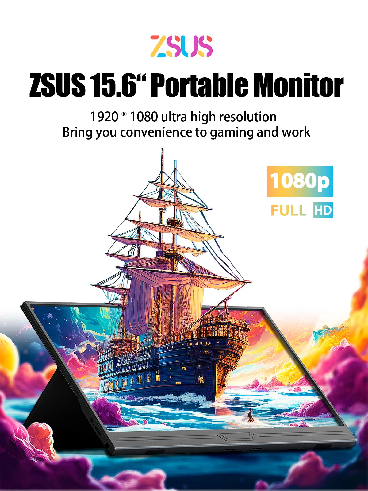 ZSUS 15.6-Inch Portable Monitor 1080P HDR 16:9 Low Blue Light For XBox PS4 / 5 Switch Cell Phone PC Loptop Extension