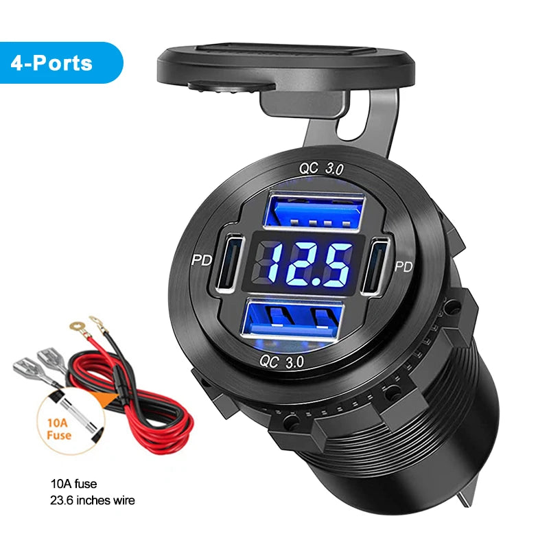 NEW 96W Dual PD Dual QC 3.0 USB Car Charger with Voltmeter Socket Power Outlet Adapter Waterproof for 12V/24V Car Boat Hot Sale