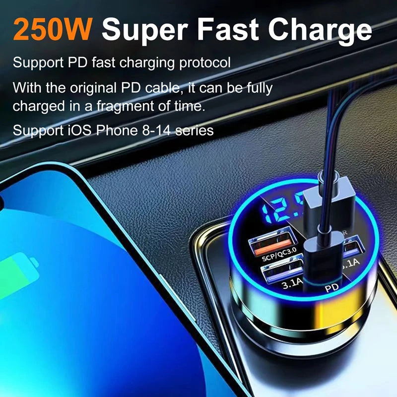 250W PD Car Charger QC3.0 Fast Charge 6-in-1 Car Cigarette Lighter Plug 5 Port Car Charger Flash Charge with Digital Display