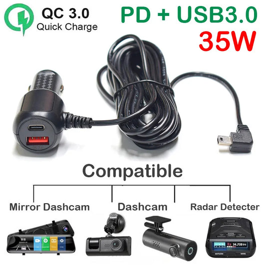 PD Type-C USB QC3.0 Quick Car Charger with Micro / Mini / Type-C Port for Car Dash cam Radar Detector GPS Camera DVR 3.5Meters