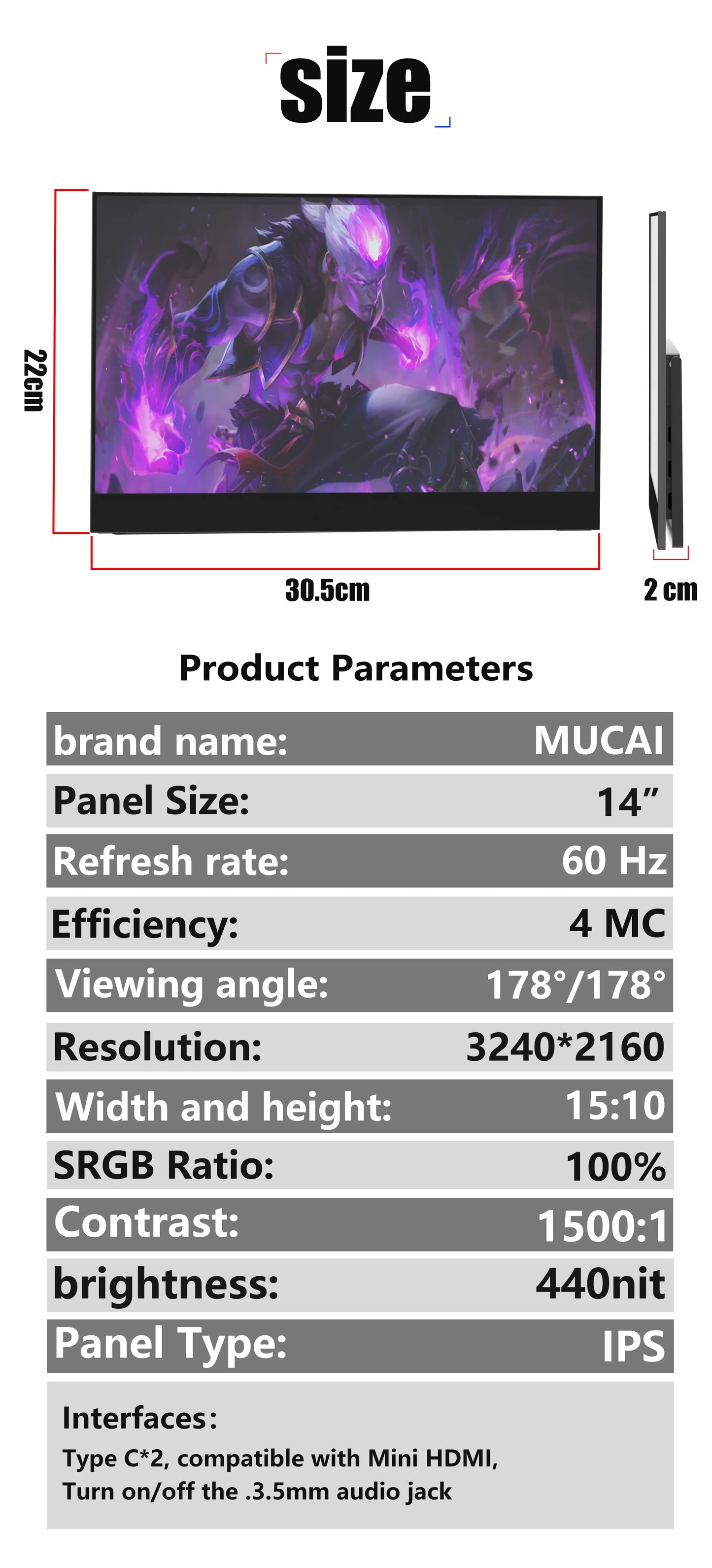 MUCAI N140TUK-3240 14Inch 60Hz 3240* 2160 Brightness 440cd/㎡ Portable Monitor Suitable For PS4/PS5/Laptops/Desktops/Phones