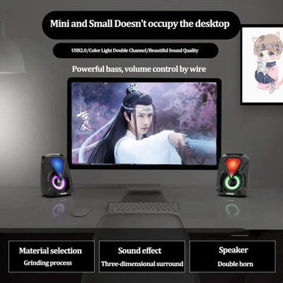 USB wired computer speaker, bass stereo speaker, color RGB light, laptop, smartphone, MP3 player