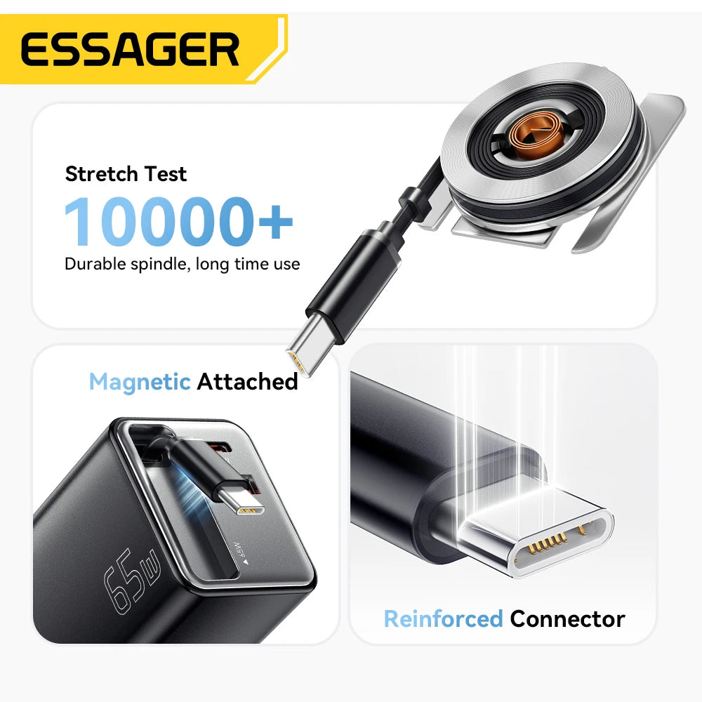 Essager 65W GaN Charger with Retractable Cable PD Fast Charging for Laptop Macbook iPhone 16 15 14 Xiaomi Type-C Phone Charger