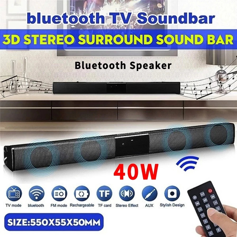 40W TV Soundbar Wired and Wireless Bluetooth Speaker Home Cinema Sound System Stereo Surround with FM Radio Music Center boombox