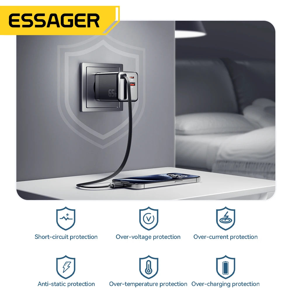 Essager 65W GaN Charger with Retractable Cable PD Fast Charging for Laptop Macbook iPhone 16 15 14 Xiaomi Type-C Phone Charger