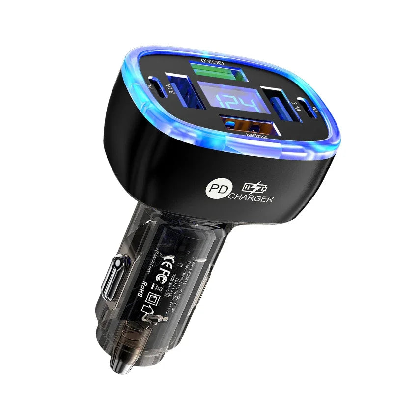 UYUXIO 6 in 1 USB C Car Phone Charger Adapter Multi Port Super Fast with Voltage Display for iPhone 16 15 Pro Max 14 13 Samsung