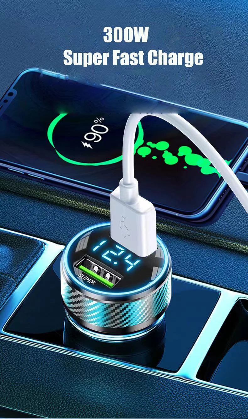 300W USB Car Charger Adapter 2 in 1 Super Fast Charging with Voltage Monitor for Samsung OPPO VIVO Huawei Oneplus iPhone iPad