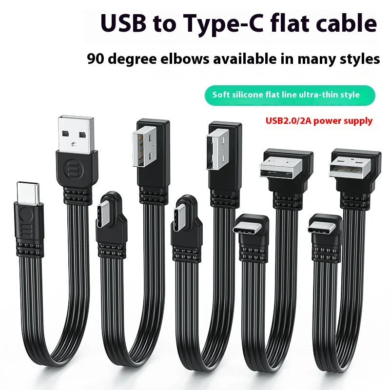 USB to TypeC data cable with left and right bend wires 2.0 transmission, 2A power supply, TypeC flat silicone cable