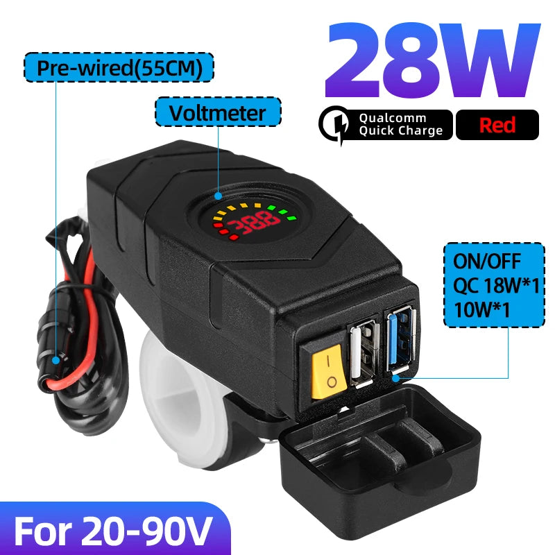 28W QC3.0 Quick Charge Usb Charger Waterproof E-Bike 20V-90V Electric Bike Motorcycles Scooter 36V 48V 72V Voltmeter Switch