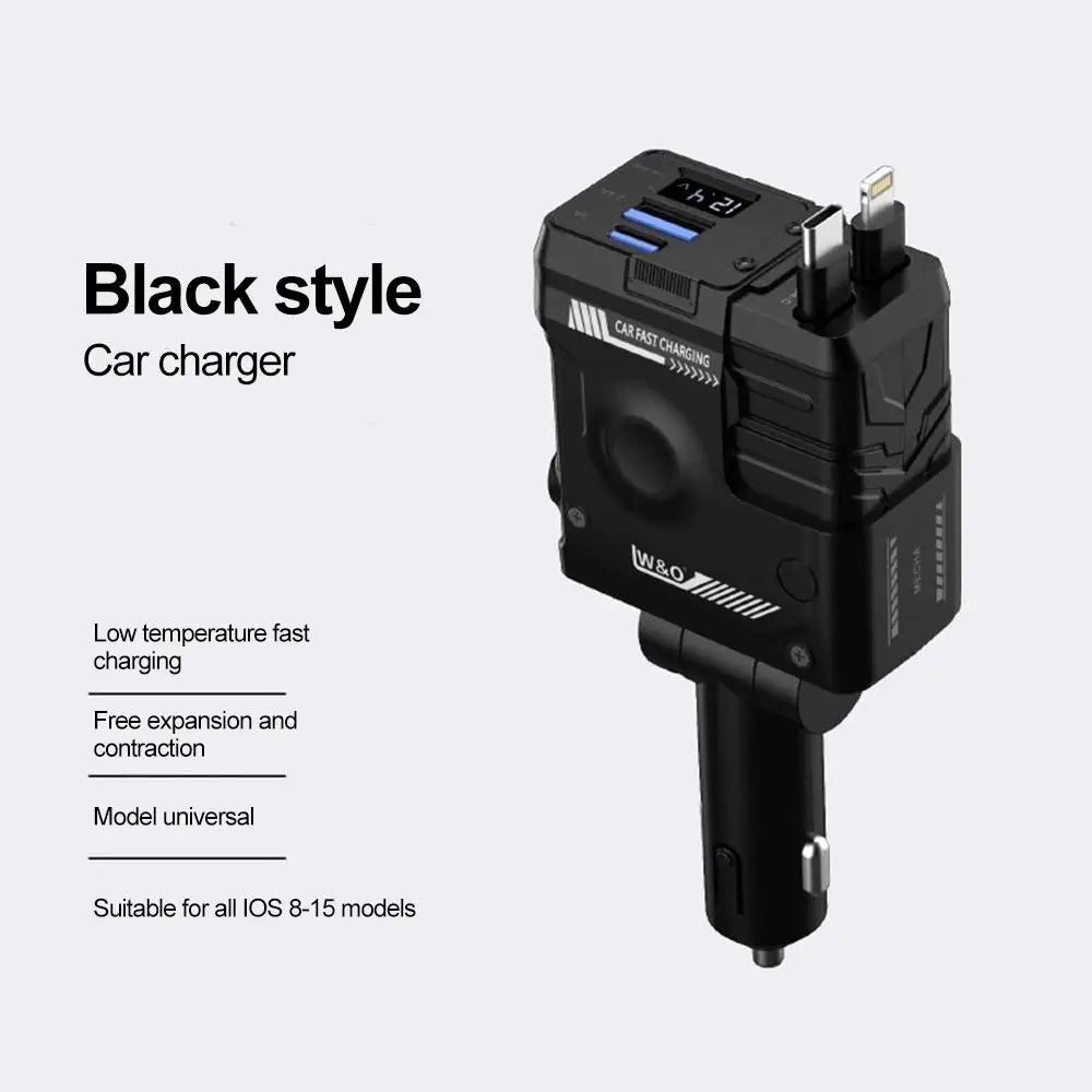 Retractable Car Charger, 66W 4-in-1 Super Fast Charging Car Phone Charger with Retractable Cable 2 USB Port Adapter for iPhone