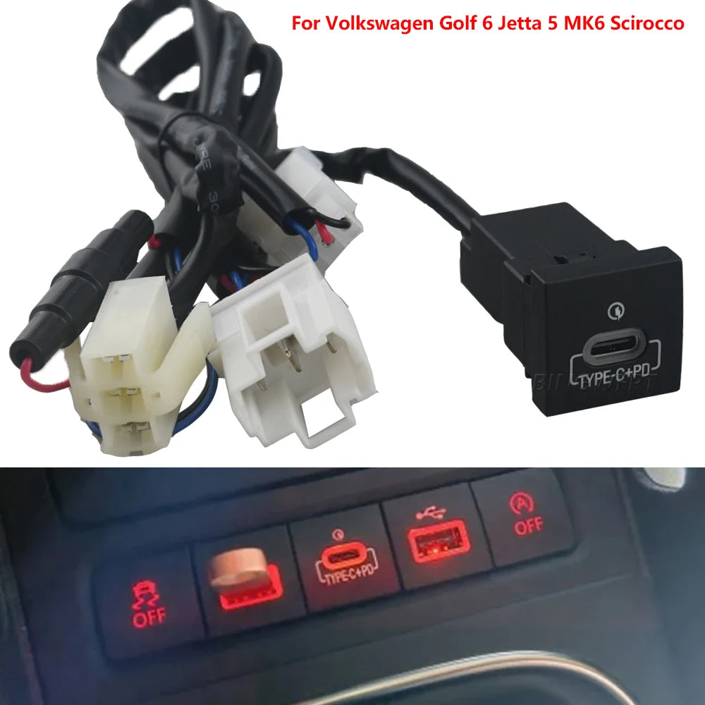 USB Charger Socket Fast Charge Adapter PD Type C and QC3.0 Power Outlet Switch For VW Golf 6 Jetta 5 MK5 Scirocco 2006 - 2012