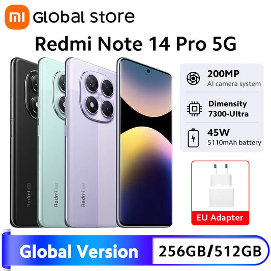 Global Version Xiaomi Redmi Note 14 Pro 5G 256GB / 512GB ROM MediaTek Dimensity 7300-Ultra 200MP Camera 5110mAh 6.67" AMOLED 45W