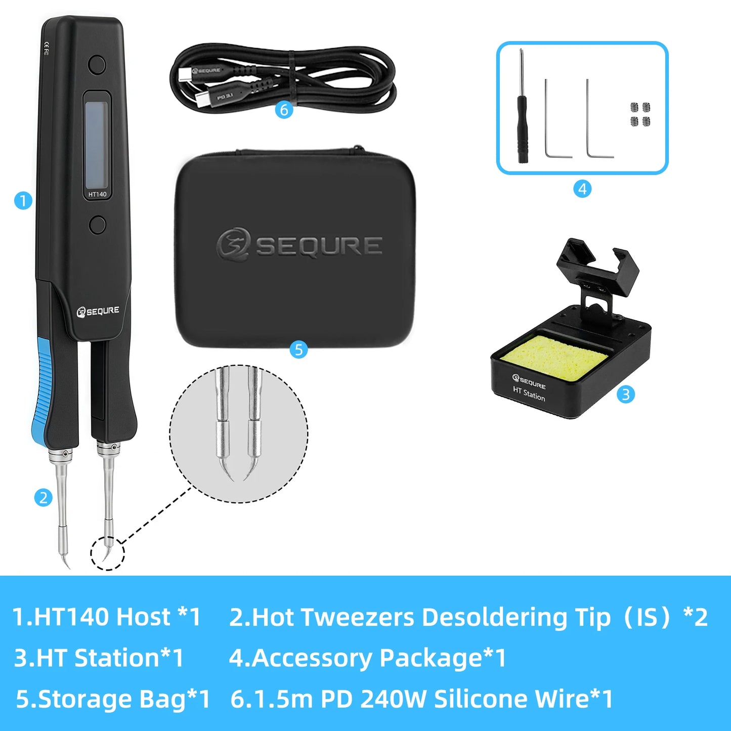 SEQURE HT140 Electric Heated Tweezers Replaceable Tweezer Tips 2-IN-1 Hot Tweezers Supply Desoldering Repair Tool for SMD