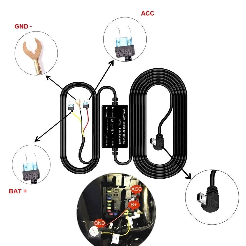 for AZDOME M550 Pro 3 Wire ACC Detection Hardwire Kit 12V/24V to 5V 3A Mini USB Car Charger Dash Cam 24 Hour Parking Monitor