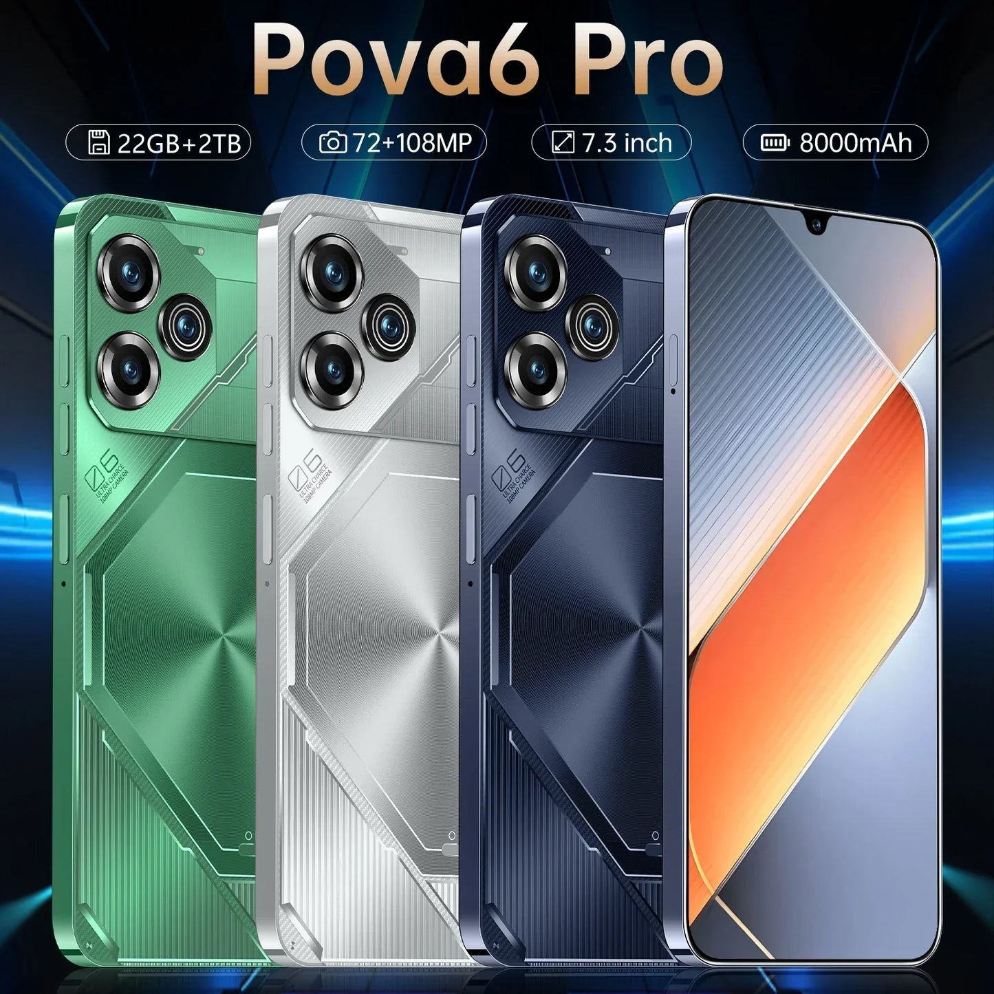 Global Version Pova 6 Pro Smartphone 22GB+2TB 7.3 inch 8000mAh 4G 5G Dual SIM Cellphone 108MP Cam 10 Core Chip Super Game Phones