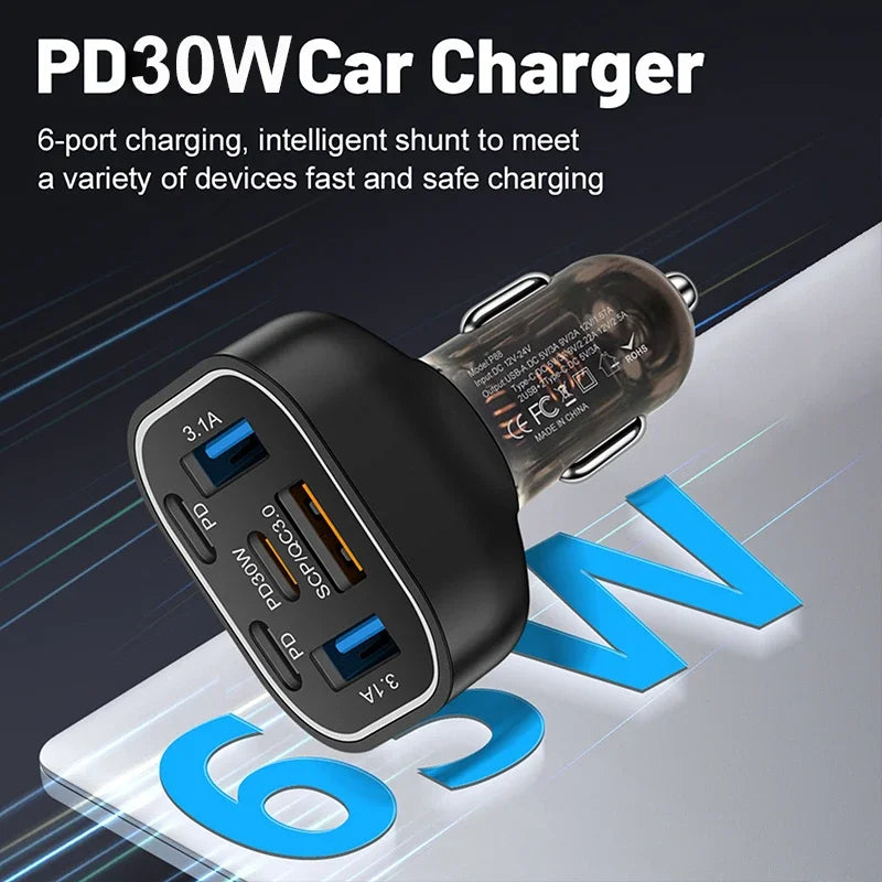 UYUXIO 6 in 1 USB C Car Charger Adapter PD 30W Multi Ports Super Fast Charge for iPhone 16 15 14 Pro Max iPad Samsung Phone