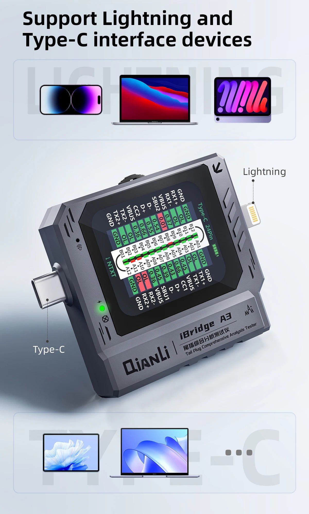 Qianli iBridge A3 Tail Plug Tester Lightning and Type-C Interface Auto Scan for Mobile Phone Tail Plug Comprehensive Analysis