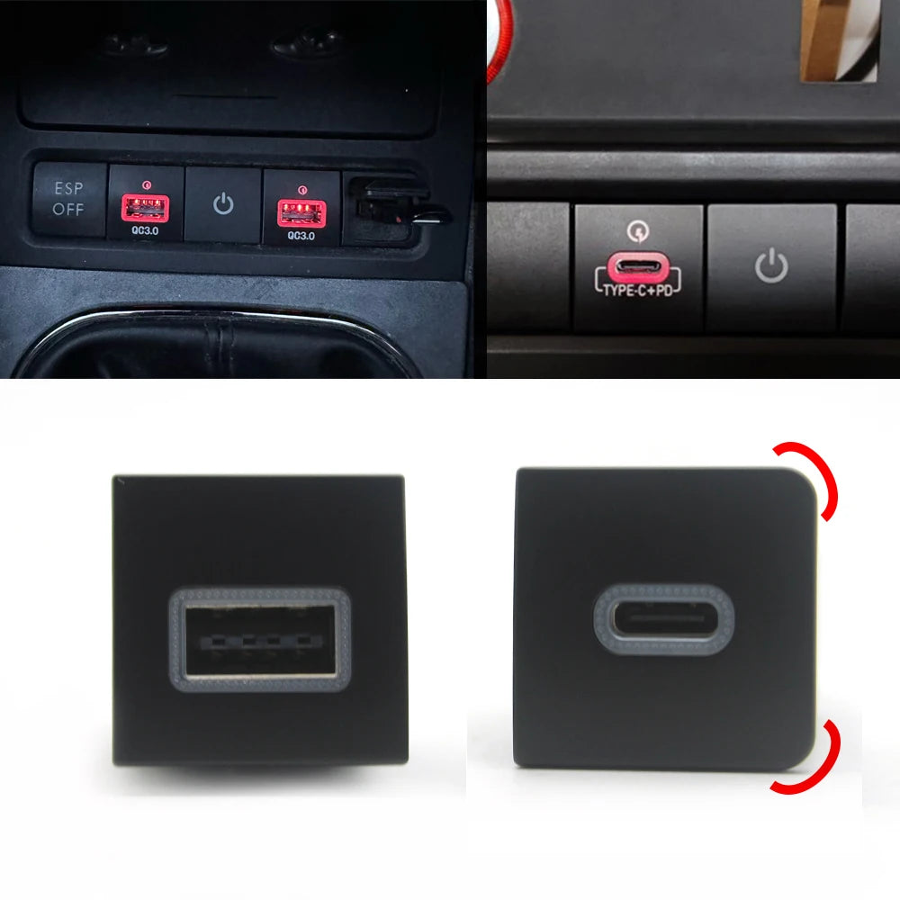 Car USB Charger QC3.0 Type C Quick Charge Auto Phone Charging Adapter Button For VW Golf 6 MK6 Jetta 5 MK5 Scirocco 2006 - 2012