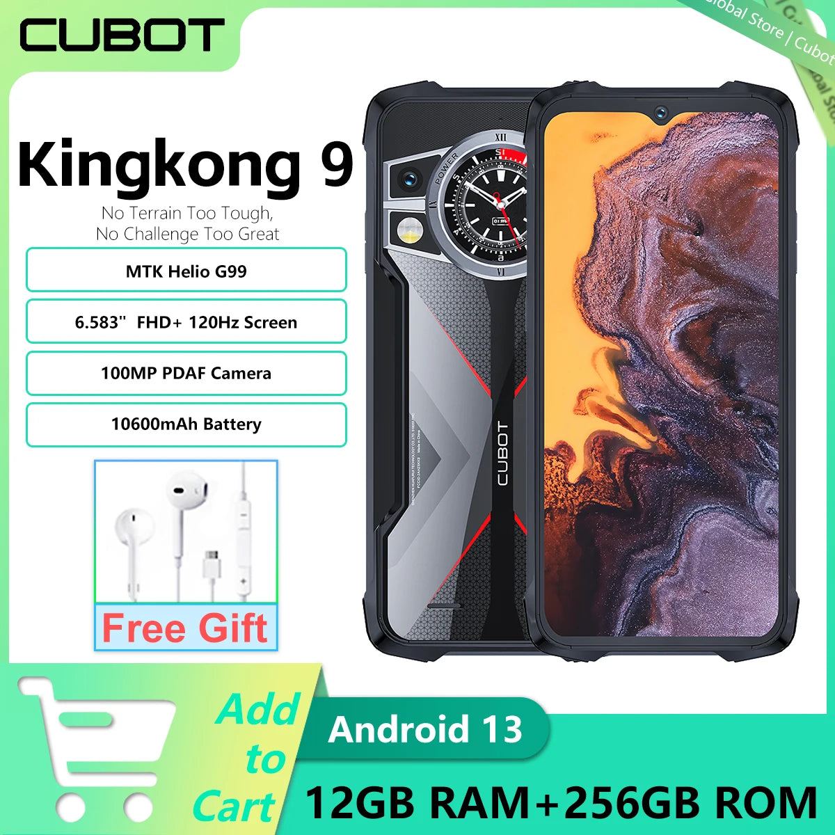 Cubot Kingkong 9 Rugged Smartphone 6.583 inch FHD+ Helio G99 Android 13 24GB+256GB 10600mAh Battery100MP Camera Phone