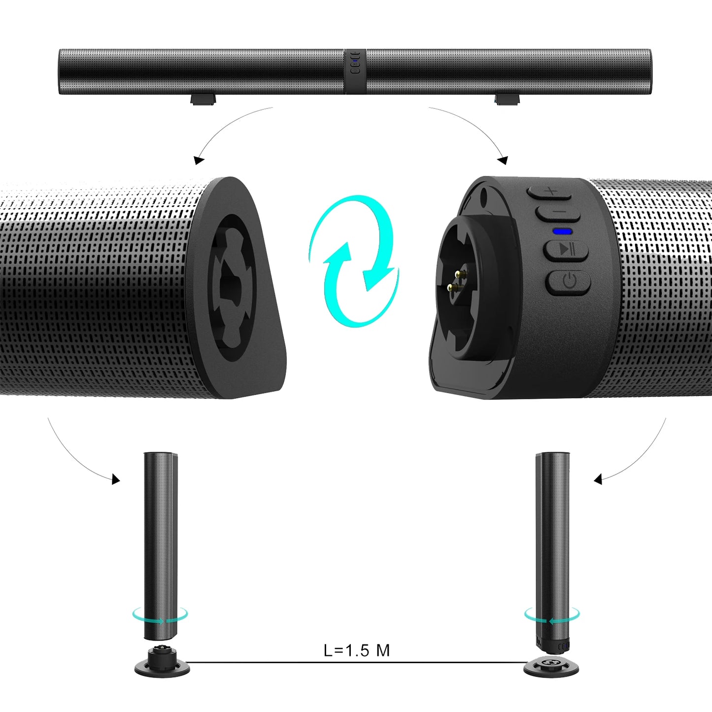 TV Soundbar Stereo 2-in-1 Detachable Bluetooth Speaker FM Radio Column Sound Bar Speaker Split 2 Speakers for Stand or Flat