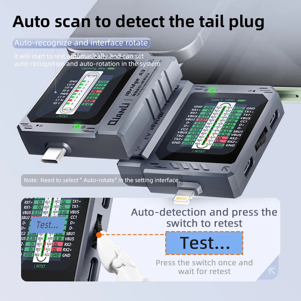 Qianli iBridge A3 Tail Plug Tester Lightning and Type-C Interface Auto Scan for Mobile Phone Tail Plug Comprehensive Analysis