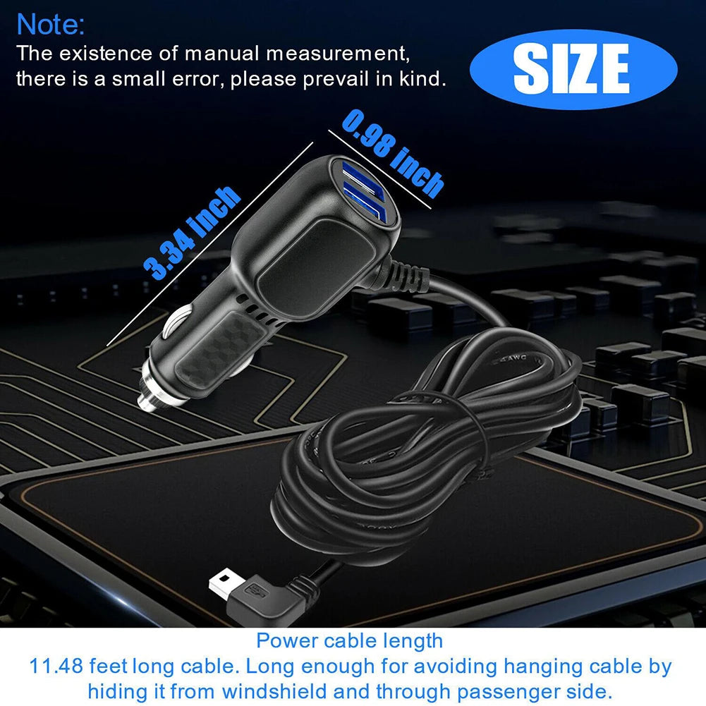 Car USB Dash Cam Car Charger Car GPS Charger Car Driving Recorder Power Cord USB Cable 11.5ft Power Dual USB DVR Charging Cable