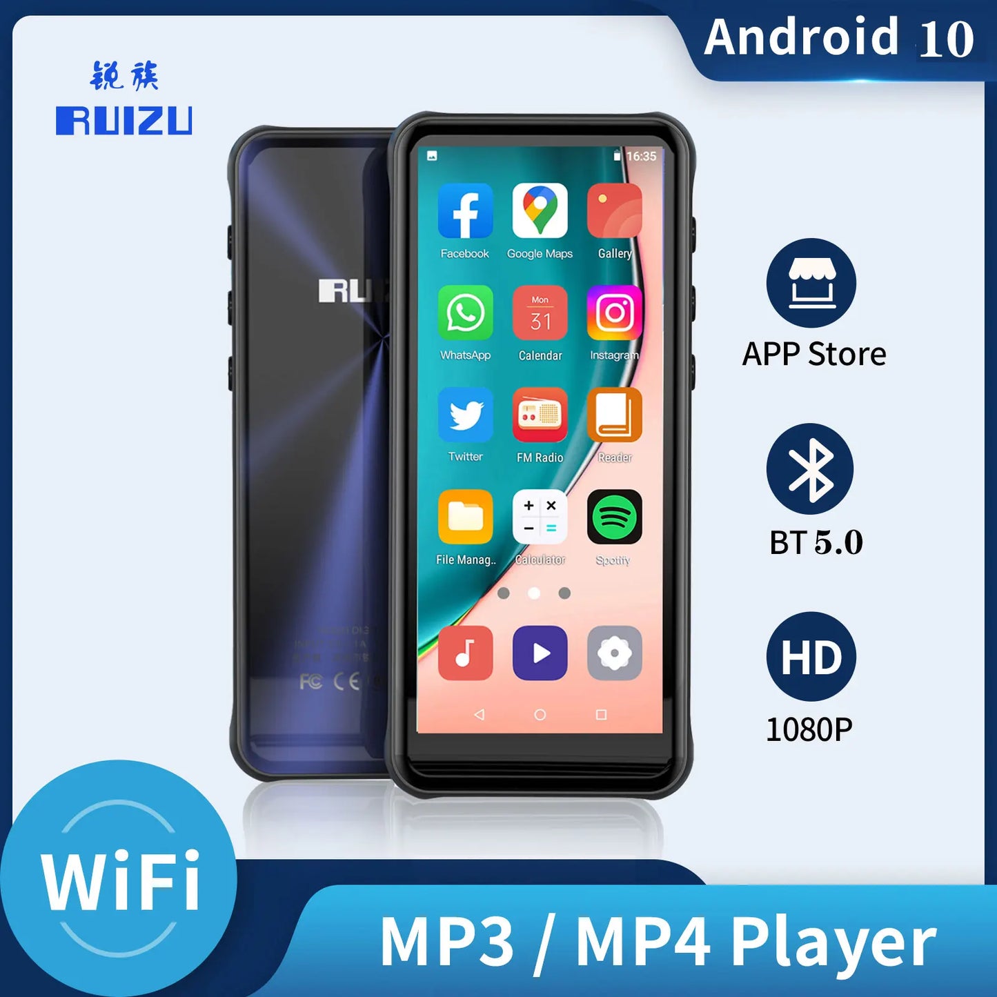 RUIZU Z80 16G WiFi Android 10 MP4 Player With Bluetooth 5.0 HiFi MP3 Player 4.0inch Full Touch Screen Walkman FM/ Ebook/Video