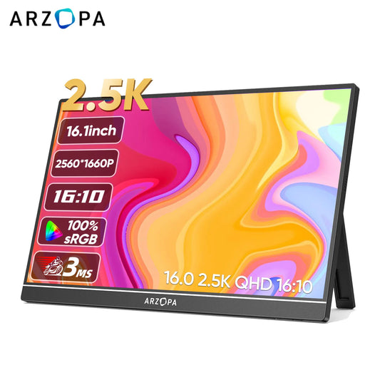 ARZOPA 16" 2.5K QHD Portable Monitor 16:10 IPS Screen with type-c mini hdmi Second Display for MAC/Laptop/PC/Xbox/PS/Switch,Z1RC