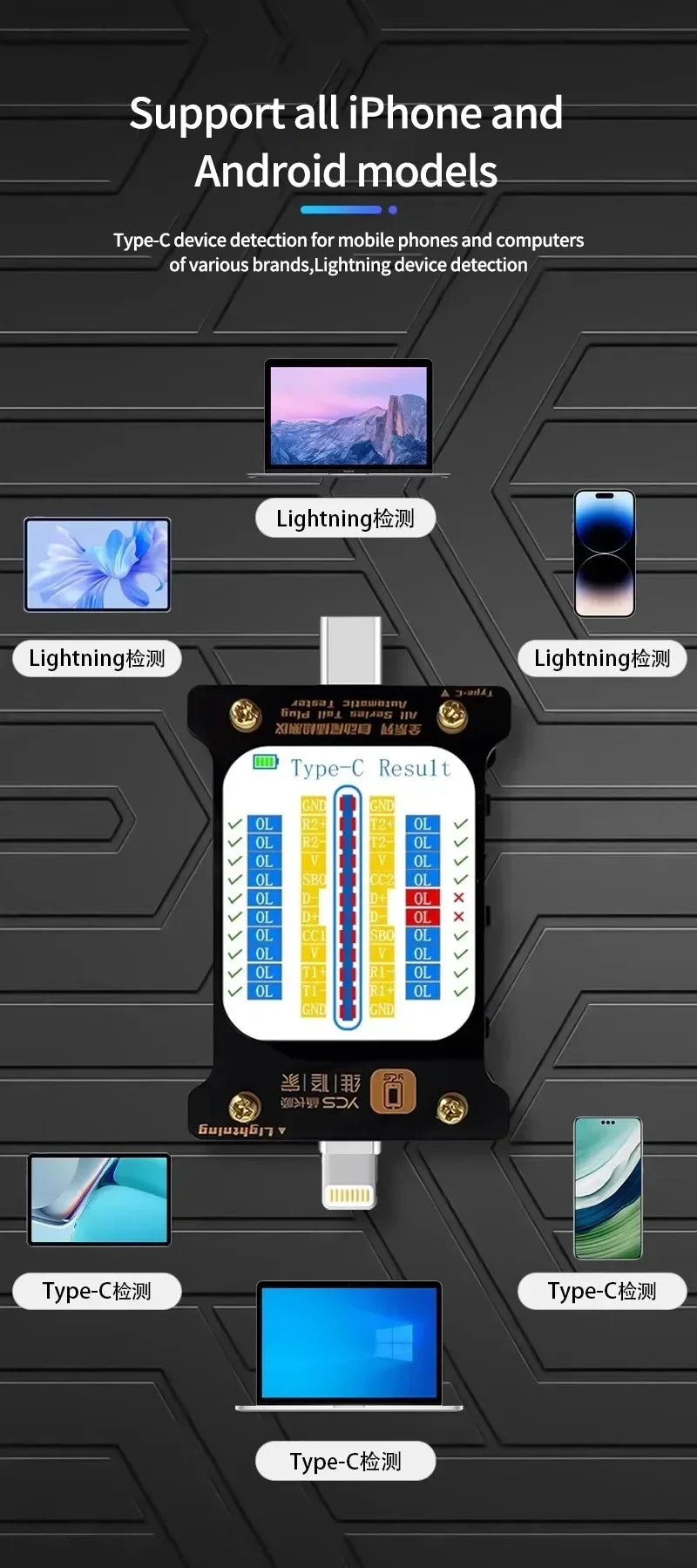 YCS Full Range of Automatic Tail Plug Testers for IPhone Android Computer Type-C/Lightning Device Tail Plug Detection Tools