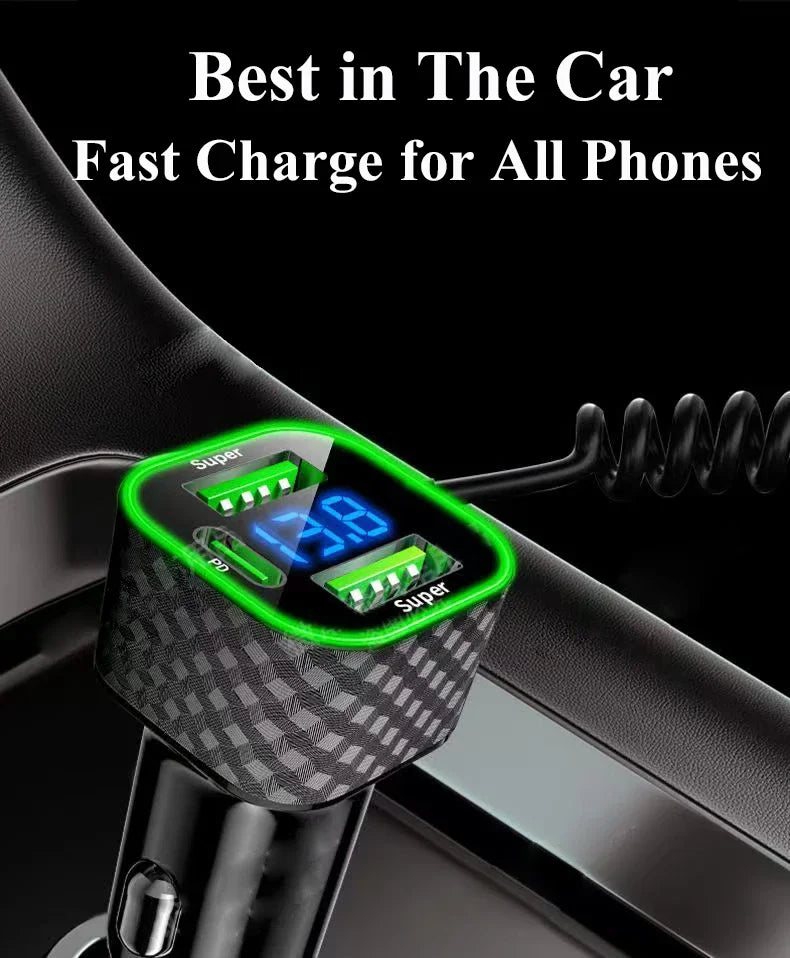 UYUXIO 5 in 1 USB C Car Phone Charger Adapter with Voltage Display Spring Cable Super Fast for iPhone 16 15 Pro Max Samsung