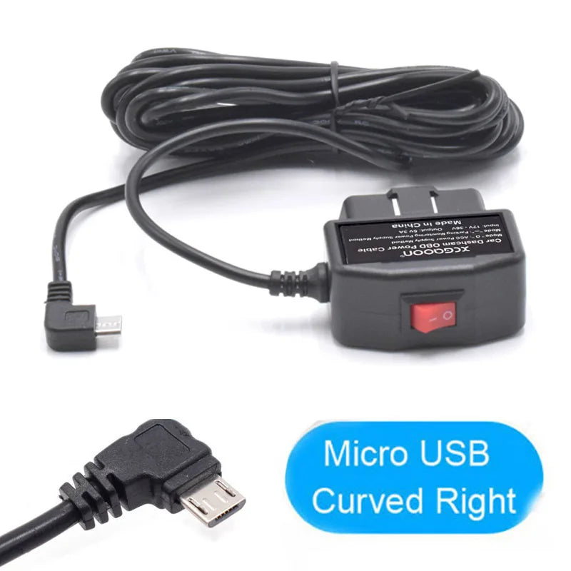 24Hours Mini Mico USB Ports 5V 3A Car Charge Cable OBD Hardwire Cord 3.5Meters With Switch For Dash Cam Camcorder Vehicle DVR