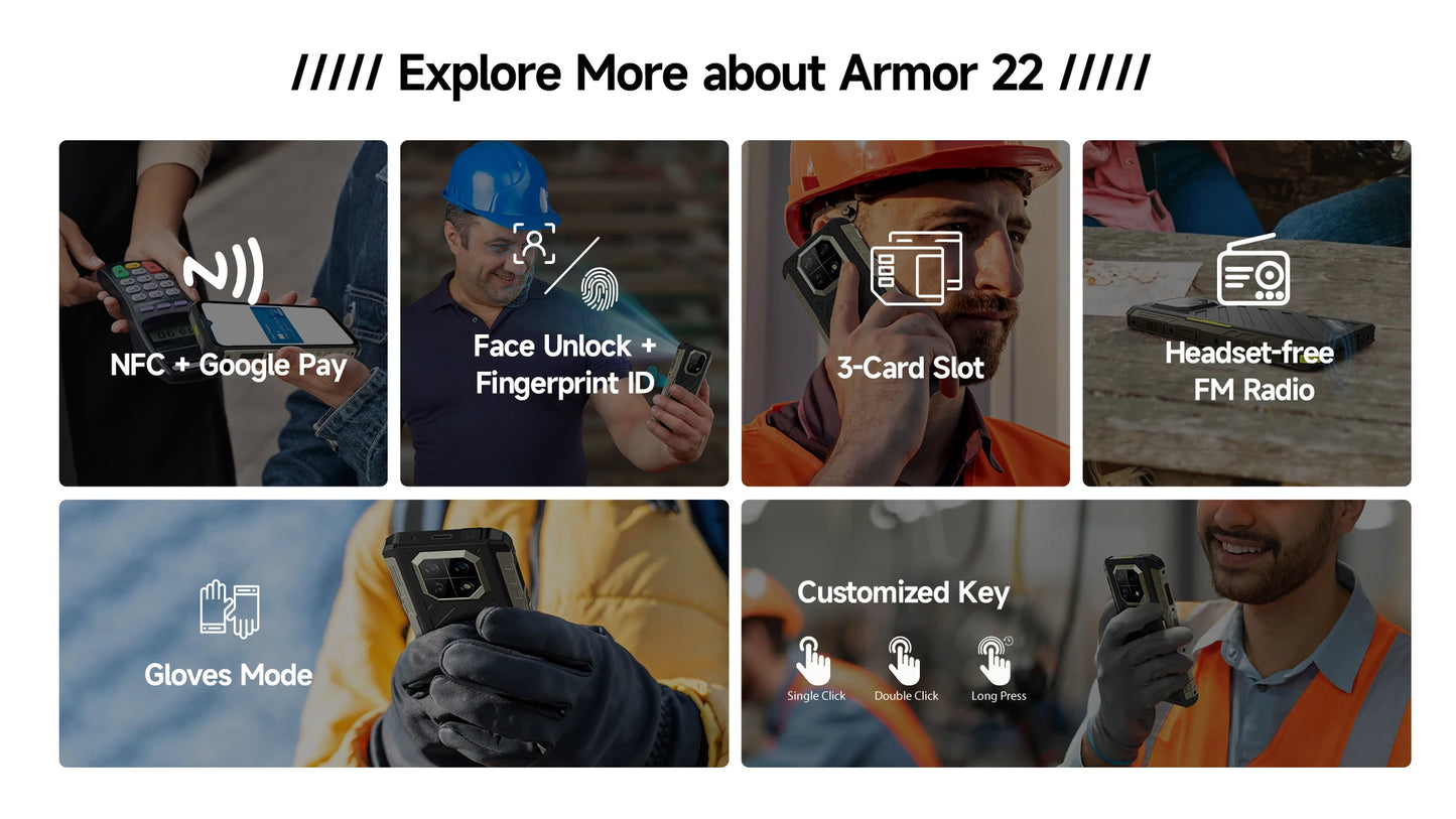 Ulefone Armor 22  Rugged Phone,16GB (8GB+8GB) RAM,128GB/256GB ROM, Android 13 Smartphone,NFC 64MP Night Vision 4G Mobile Phone