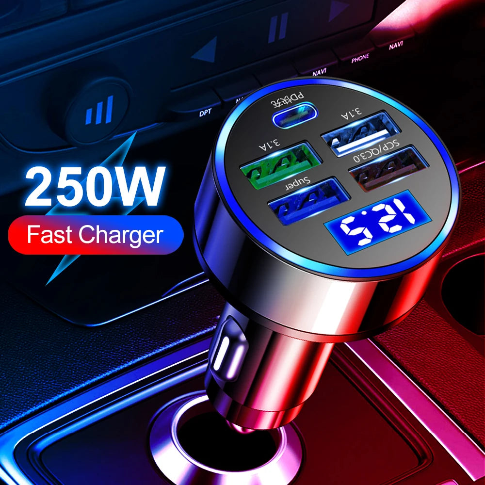 250W LED Car Charger 5 Ports Fast Charge PD QC3.0 USB C Car Phone Charger Type C Adapter in Car For iphone Samsung Huawei Xiaomi