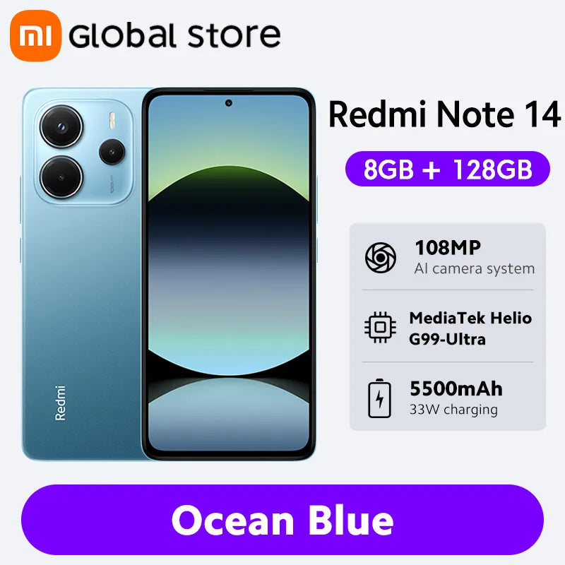 New Global Version Xiaomi Redmi Note 14 Smartphone 128GB / 256GB ROM MediaTek Helio G99-Ultra 33W120Hz AMOLED 108MP 5500mAh