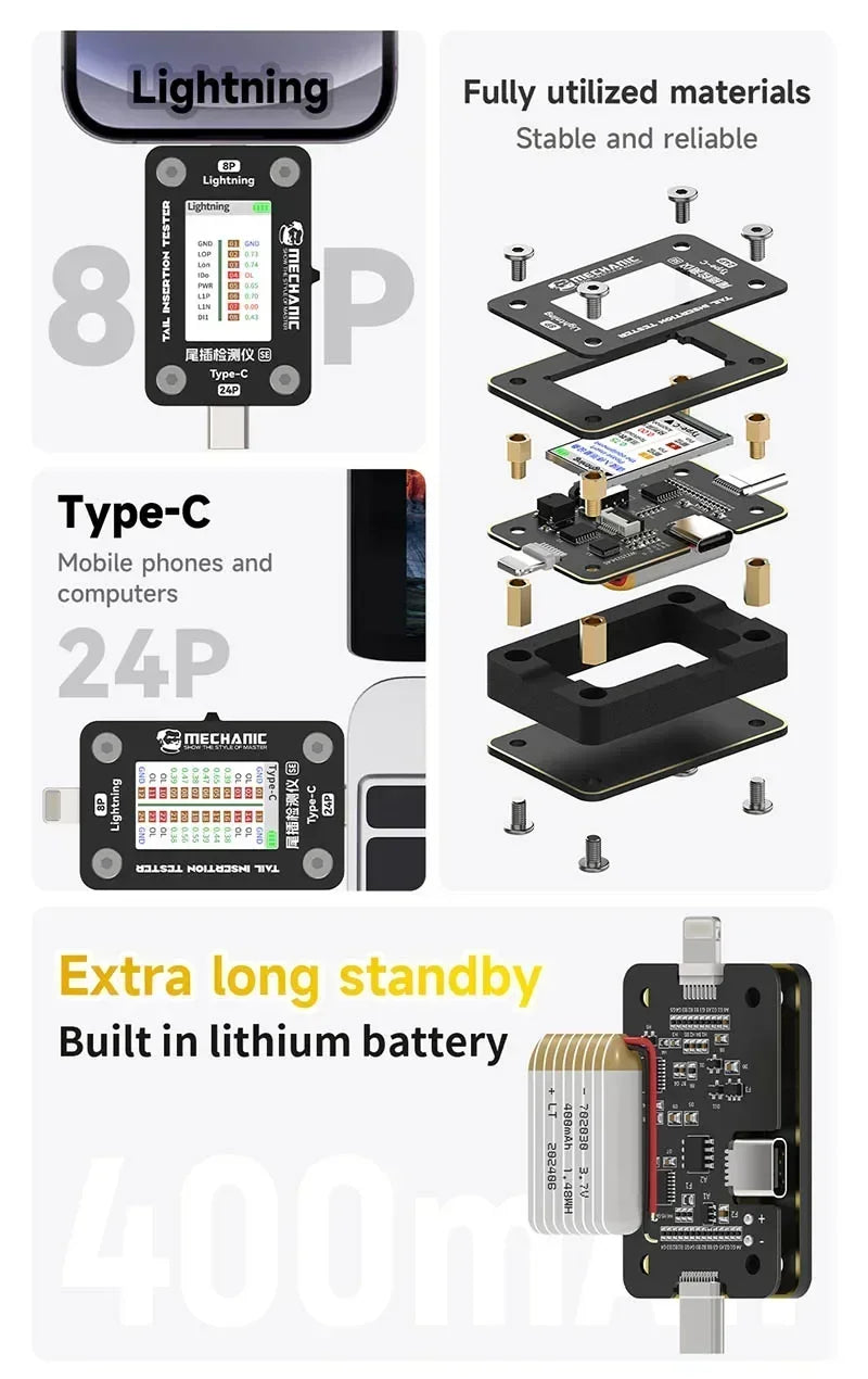 MECHANIC T-824 T824 SE Tail Insertion Tester Tail  Insertion Detector Type-C Lightning I nterface for Phone Repair Tools