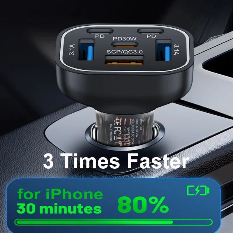 UYUXIO 6 in 1 USB C Car Charger Adapter PD 30W Multi Ports Super Fast Charge for iPhone 16 15 14 Pro Max iPad Samsung Phone