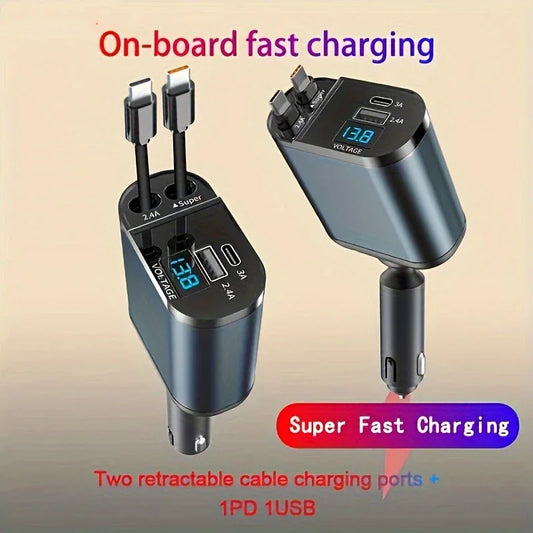 120/66w 4 IN 1 Retractable Car Charger Mobile Phone USB PD Type C Cable For iPhone Fast Charge Cord Cigarette Lighter QC Adapter