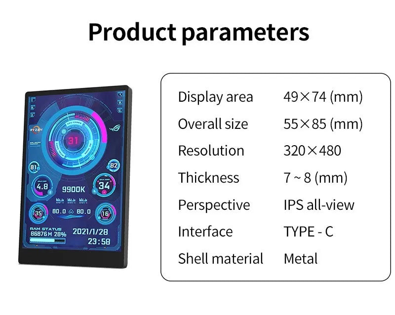 8.8 / 5 / 3.5 Inch IPS Type-C Secondary Screen Computer CPU GPU RAM HDD Monitor USB Display Freely AIDA64 Mini Monitor Win 10 11