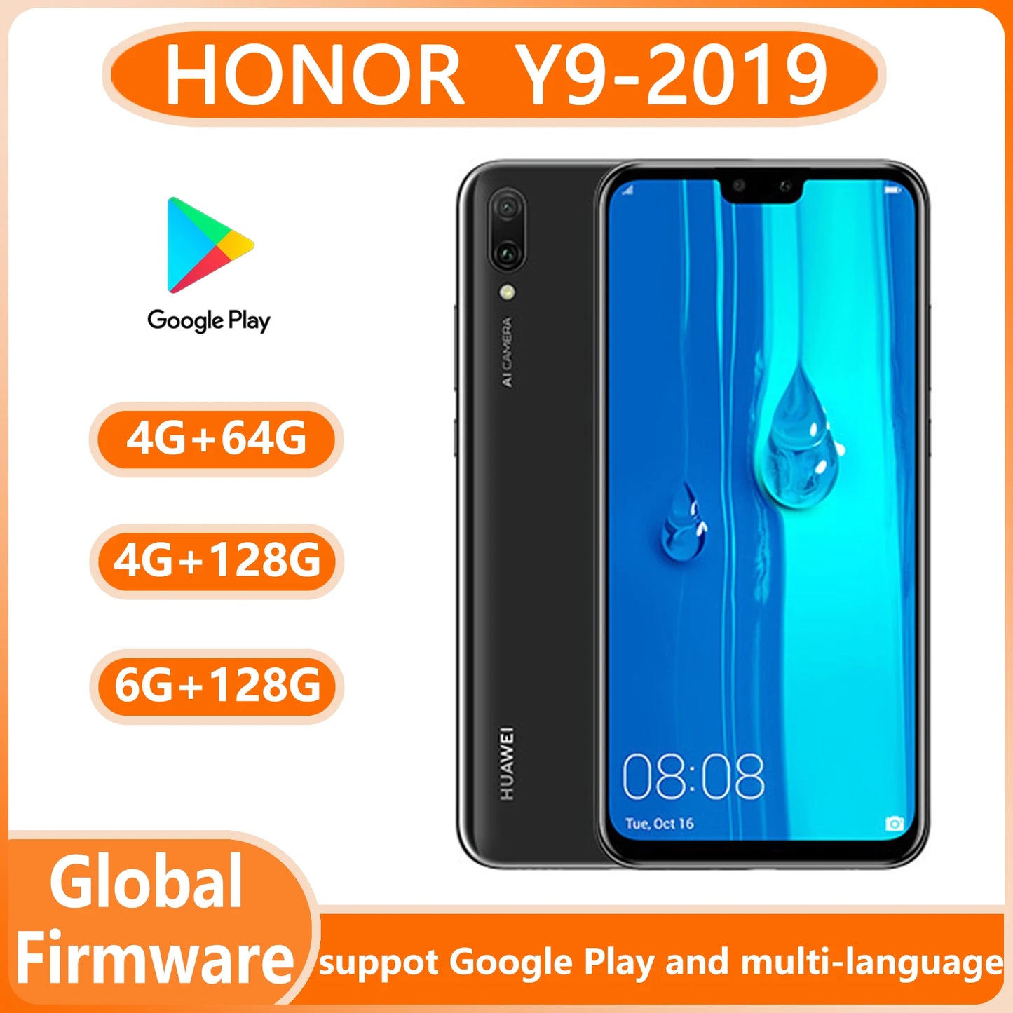 HONOR Y9-2019 Smartphone Global Firmware 6.5-inch Front Camera 16M Battery 4000 mAh Dual SIM CPU Haisi Qilin 710 used phone