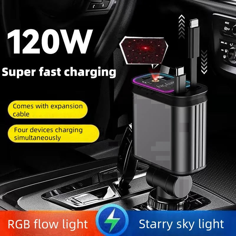 Retractable Car Charger 4 in 1 Fast Charging Car Charger 120W 1PD+1USB Ports Car Charger Adapter Compatible With Starry Sky Lamp